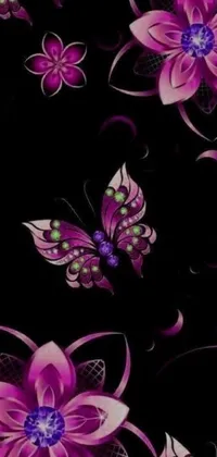 This live wallpaper showcases stunning purple flowers and fluttering butterflies set against a sleek black background with jeweled accents