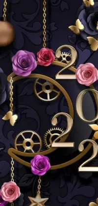 This phone live wallpaper showcases a digitally rendered close-up of a clock adorned with colorful flowers and features cogs and wheels spinning in the background