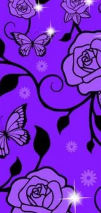 This live wallpaper features a purple background adorned with beautifully detailed black and white roses and butterflies