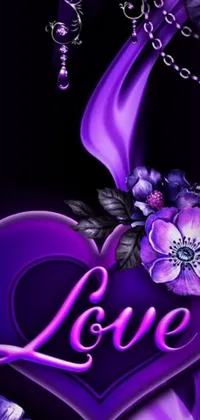 This phone live wallpaper features a stunning deep purple heart adorned with delicate flowers