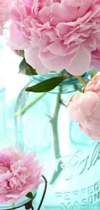 This phone live wallpaper features a stunning table with vases of pink peony flowers, a personal picture frame, and a Tumblr-inspired blue and cyan background