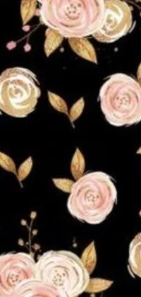 Get a stunning black and pink live wallpaper with gold leaves and beautiful rose elements