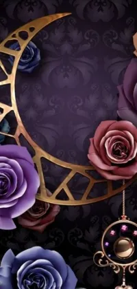 This phone live wallpaper features a close-up of an intricately designed clock, surrounded by a bed of pink and purple roses and peonies