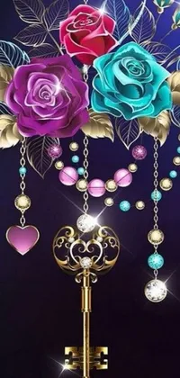 This live phone wallpaper showcases a beautiful digital art piece featuring a bunch of ornately jeweled flowers hanging from a chain
