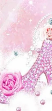 This live phone wallpaper features a stunning digital rendering of a pink high heel shoe adorned with beautiful roses and pearls