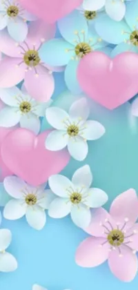 This stunning phone wallpaper features pink and white flowers on a blue background