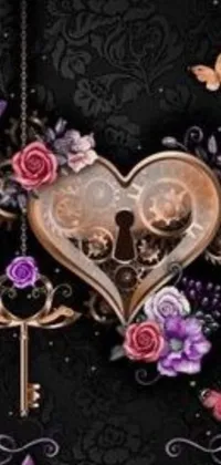 This phone live wallpaper features a heart-shaped clock in gothic design, surrounded by flowers and butterflies in purple and black color scheme
