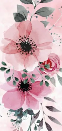 This phone live wallpaper displays a beautiful, pink watercolor painting of a blooming anemone flower, surrounded by intricate floral ornaments and leaves