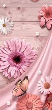 Enhance your phone's aesthetic with this stunning live wallpaper! Featuring a wooden table with a bouquet of pink flowers and a butterfly, and a picture hanging on the wall, this wallpaper is created using digital art