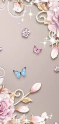 This phone live wallpaper showcases a stunning digital art of flowers and butterflies against a ballroom background