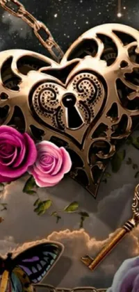 This phone live wallpaper showcases a stunning heart adorned with delicate flowers and intricate keys