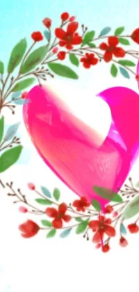 This live phone wallpaper features enchanting birds perched on a beautiful pink heart with a decorative laurel wreath