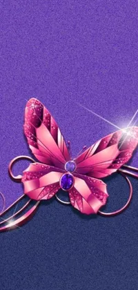 Decorate your phone screen with this stunning live wallpaper featuring a lovely pink butterfly resting on a beautifully designed purple background with shiny jewels