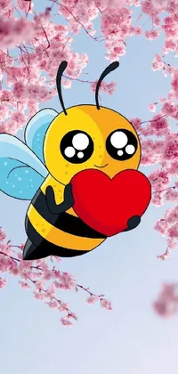 This phone live wallpaper showcases a bee holding a heart whilst flying against a mesmerizing cherry blossom background
