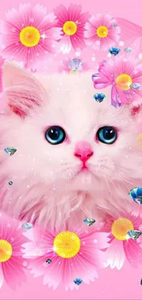 This phone live wallpaper features a stunning white cat with bright blue eyes amidst an array of colorful flowers