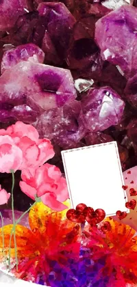 This stunning phone live wallpaper features a beautiful mix of flowers and crystals on top of a pile, with purple and red color hues creating a gorgeous layered effect