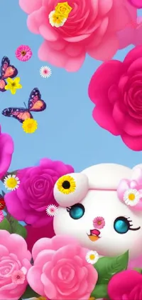 This stunning phone live wallpaper features a close-up of a teddy bear surrounded by flowers
