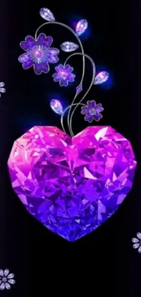 This lovely phone live wallpaper showcases a heart-shaped, purple diamond with stunning crystal elements