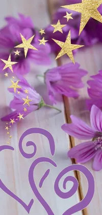 Introducing a stunning mobile live wallpaper featuring a wooden table adorned with purple flowers, stars, and a charming clematis theme logo