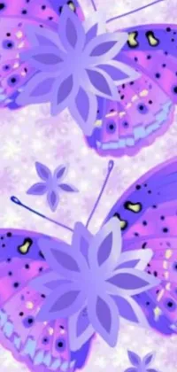 This phone live wallpaper features two purple butterflies perched on a repeating, abstract purple background