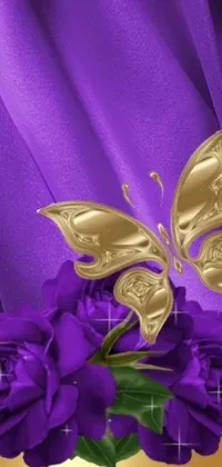 This live wallpaper showcases a stunning purple rose with a beautiful gold butterfly on it