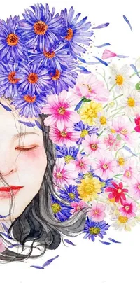 This phone live wallpaper showcases a vibrant and peaceful watercolor artwork of a woman with flowers in her hair