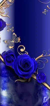 This phone live wallpaper boasts a trendy blue and gold backdrop accentuated by a digital art composition of roses and butterflies