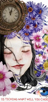 Looking for a peaceful and contemplative phone wallpaper? Look no further than this watercolor painting of a woman with a clock on her head, surrounded by wildflowers and petals