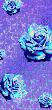 This live phone wallpaper features a group of roses situated on a purple surface matte, against a backdrop of colorful, psychedelic art