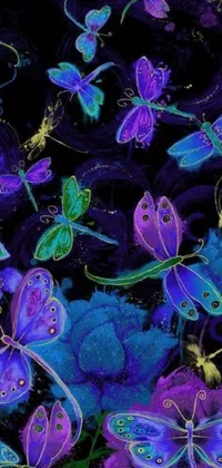 This phone live wallpaper by Lennie Lee features beautiful purple and blue butterflies flying around a black background