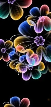 This live wallpaper showcases a bunch of colorful digitally rendered flowers against a black backdrop, creating a mesmerizing generative art display
