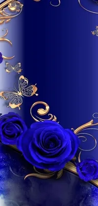 This phone live wallpaper features a soothing blue and gold background adorned with delicate roses and elegant butterflies