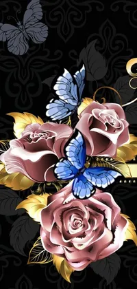 This live wallpaper for phones boasts intricate vector art showcasing two roses and a butterfly against a black backdrop
