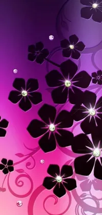 This stunning live wallpaper showcases a purple and black background adorned with intricate vector art of various flowers, such as cherry blossoms, daisies, and tulips