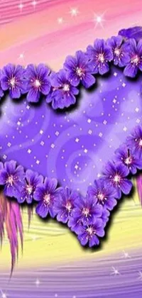 This live wallpaper features a charming purple heart set in an elegant display of beautiful purple flowers