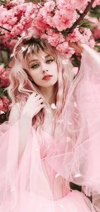This mesmerizing phone live wallpaper showcases a beautiful portrait of a woman in a pink dress surrounded by delicate flowers