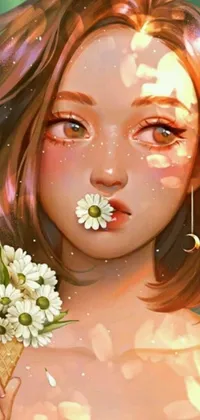 This phone live wallpaper depicts a girl holding a white daisy flower in her mouth, surrounded by swirling clouds and stars