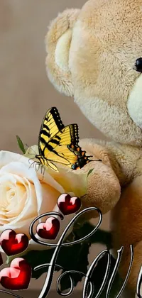 Get charmed by a lovely live wallpaper of a cuddly brown teddy bear and a pristine white rose, captured in a vivid photo