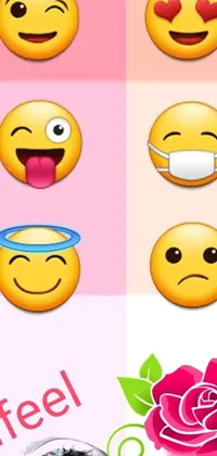 Brighten up your phone's home screen with this eye-catching live wallpaper featuring an array of colorful, expressive smiley faces in different moods
