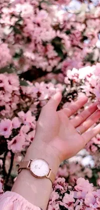 This phone wallpaper displays a captivating close-up of a hand placed near a tree with stunning pink flowers