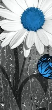 This live phone wallpaper showcases a captivating digital painting of a blue butterfly perched on a crisp white daisy flower