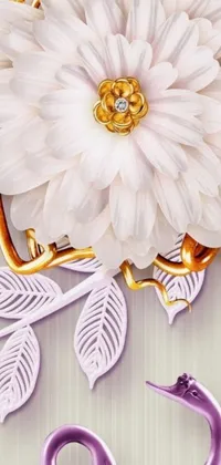 This live phone wallpaper features a white flower on a table, with gold and purple tones and an ornate Baroque-inspired design