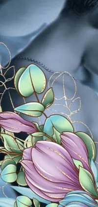 This intricate live phone wallpaper features a beautiful airbrush painting of a woman holding a bouquet of flowers