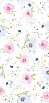 Elevate your phone with this enchanting live wallpaper featuring a white background adorned with blue and pink flowers