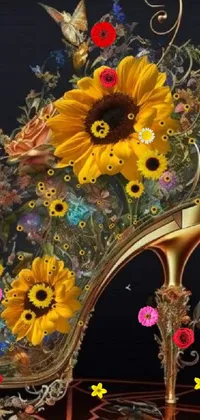 This phone live wallpaper showcases a digital illustration of a high heeled shoe decorated with sunflowers and butterflies