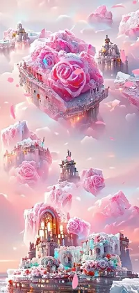 This phone live wallpaper features a surreal castle floating on a tranquil body of water, surrounded by a cotton candy landscape