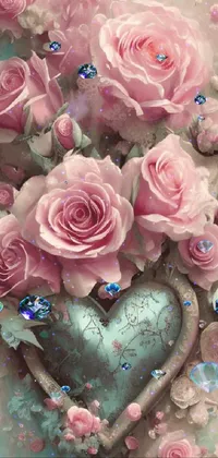 This phone live wallpaper features an intricate digital painting of pink roses and a heart, perfect for those seeking a soft and romantic touch to their device