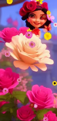This stunning phone live wallpaper showcases a charming cartoon girl amidst a colorful field of flowers and butterflies