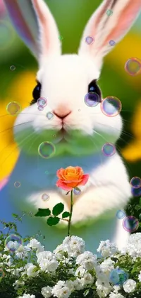 This phone live wallpaper features an ultra-realistic, high definition image of a white rabbit holding a flower in its mouth