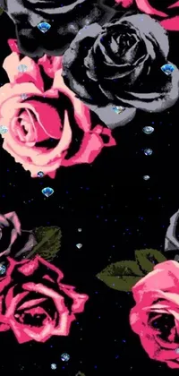 This live wallpaper features a stunning arrangement of pink and black roses on a black background
